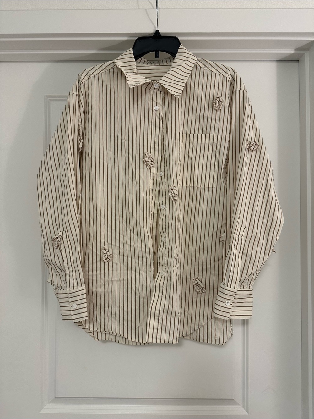 Women's Cream Striped Button-Down Shirt with Distressed Detail